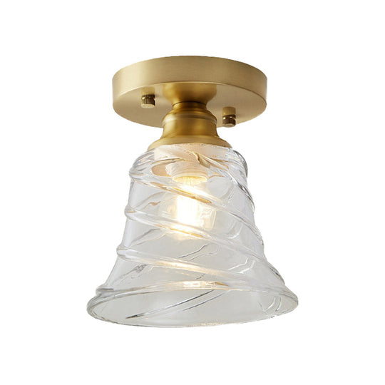Industrial - Style Cone Glass Ceiling Light - Single Bulb Semi Flush Mount Fixture In Brass With