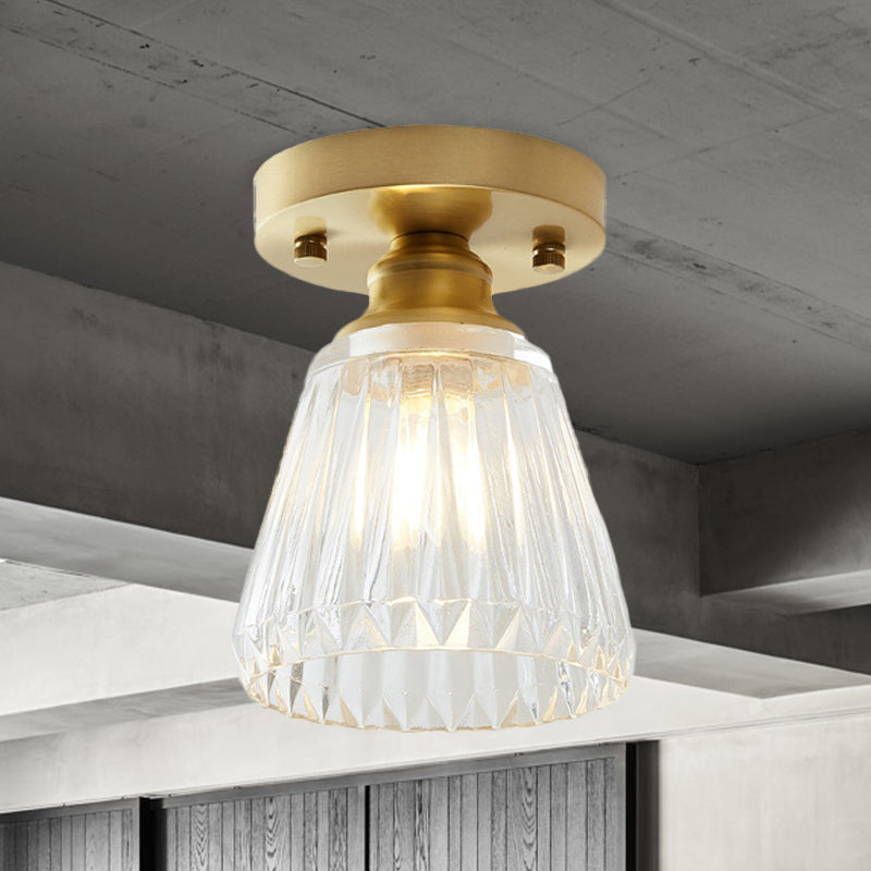 Industrial - Style Cone Glass Ceiling Light - Single Bulb Semi Flush Mount Fixture In Brass With
