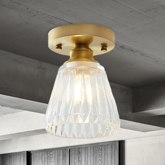 Industrial - Style Cone Glass Ceiling Light - Single Bulb Semi Flush Mount Fixture In Brass With