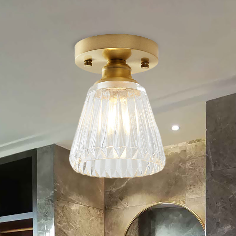 Industrial - Style Cone Glass Ceiling Light - Single Bulb Semi Flush Mount Fixture In Brass With