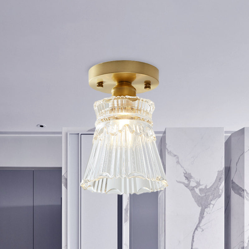 Industrial - Style Cone Glass Ceiling Light - Single Bulb Semi Flush Mount Fixture In Brass With