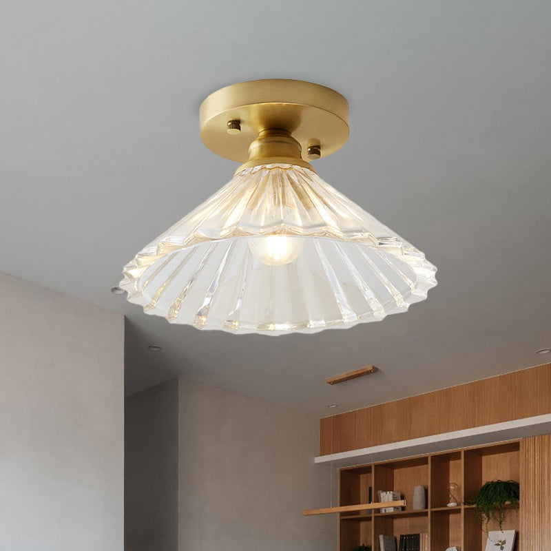 Industrial - Style Cone Glass Ceiling Light - Single Bulb Semi Flush Mount Fixture In Brass With