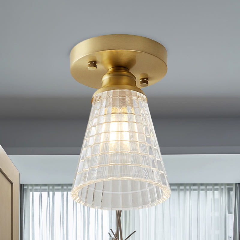 Industrial - Style Cone Glass Ceiling Light - Single Bulb Semi Flush Mount Fixture In Brass With