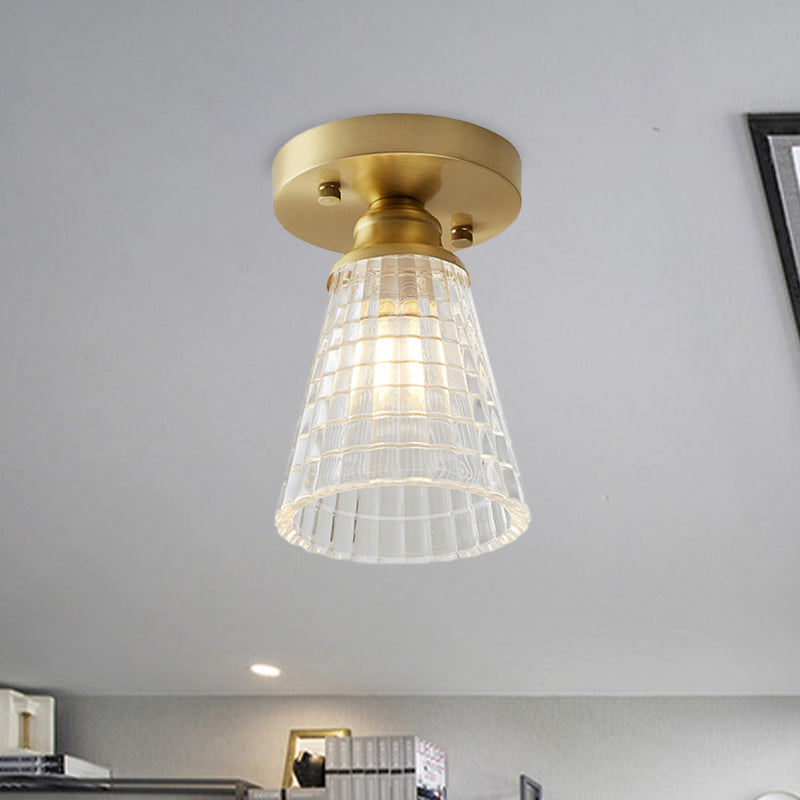 Industrial - Style Cone Glass Ceiling Light - Single Bulb Semi Flush Mount Fixture In Brass With