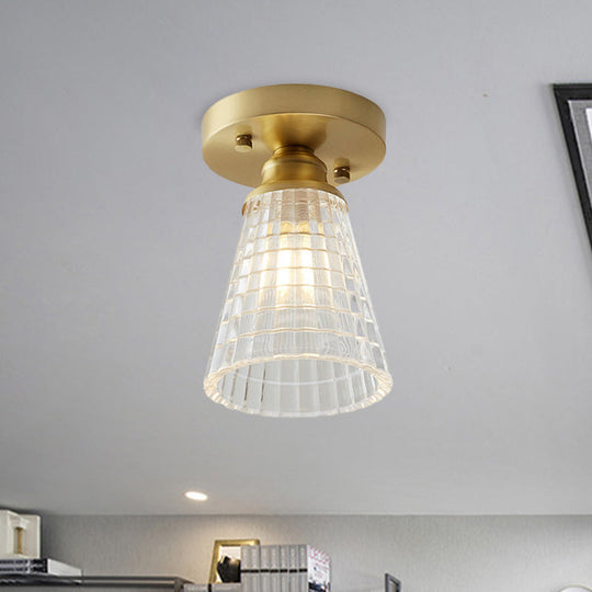 Industrial - Style Cone Glass Ceiling Light - Single Bulb Semi Flush Mount Fixture In Brass With