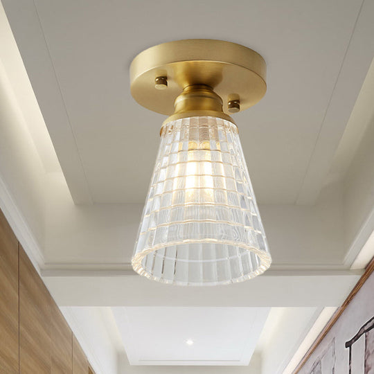 Industrial - Style Cone Glass Ceiling Light - Single Bulb Semi Flush Mount Fixture In Brass With