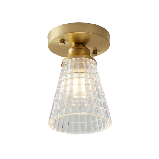 Industrial - Style Cone Glass Ceiling Light - Single Bulb Semi Flush Mount Fixture In Brass With
