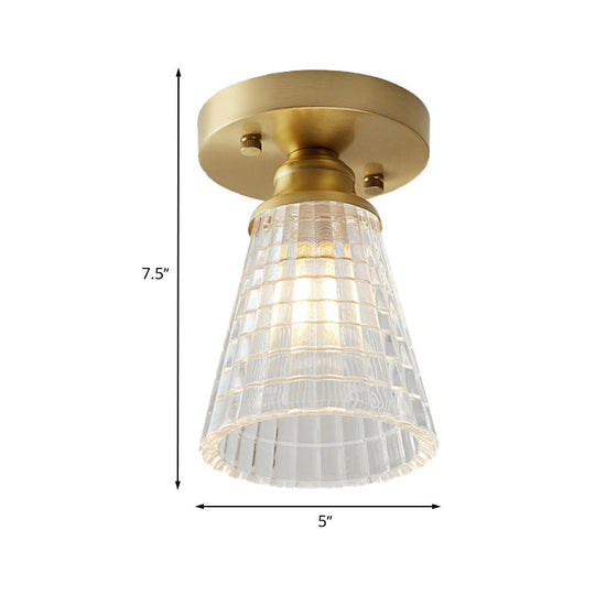 Industrial - Style Cone Glass Ceiling Light - Single Bulb Semi Flush Mount Fixture In Brass With