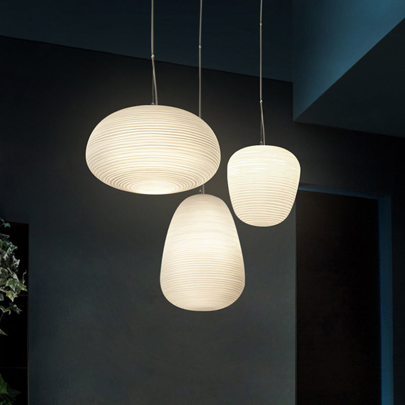 Post - Modern White Glass Cocoon Pendant Light With Ribbed Design 1 - Light Ceiling Hanging Fixture