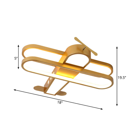 Fly High With The Helicopter: Gold Aluminum Led Flush Mount Light For Kids’ Bedroom Ceiling