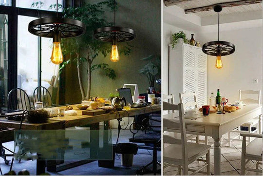 Retro Industrial Iron Wheel Vintage Black Pendant Lamp Classic Loft Lights E27 For Restaurant