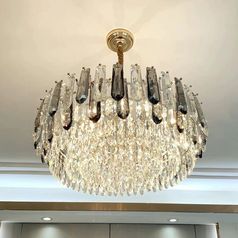 Modern 9 Heads Crystal Round Living Room Chandeliers Grey