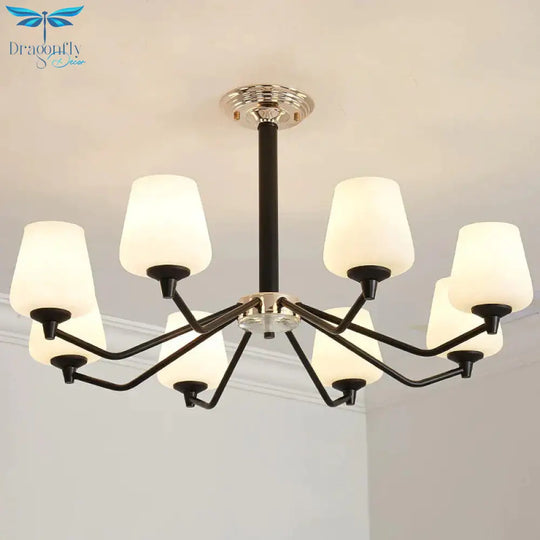 8/10 Lights Sputnik Chandelier Traditional Black Milky Glass Pendant Light Fixture With Cup Shade
