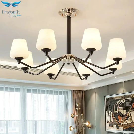 8/10 Lights Sputnik Chandelier Traditional Black Milky Glass Pendant Light Fixture With Cup Shade