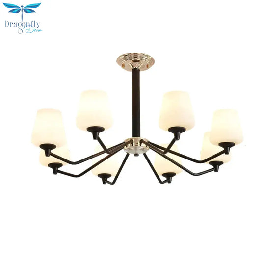 8/10 Lights Sputnik Chandelier Traditional Black Milky Glass Pendant Light Fixture With Cup Shade