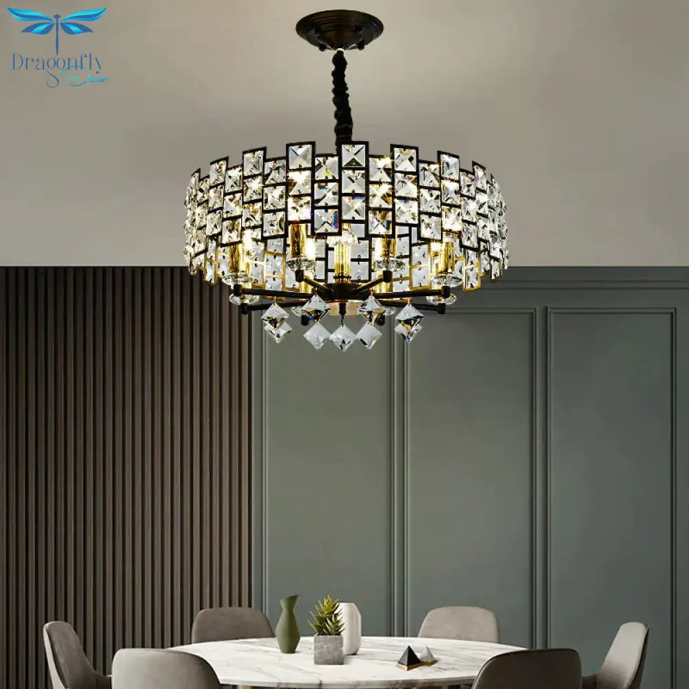 8/12 Heads Hanging Lamp Traditional Circular Crystal Embedded Chandelier Pendant Light In Black