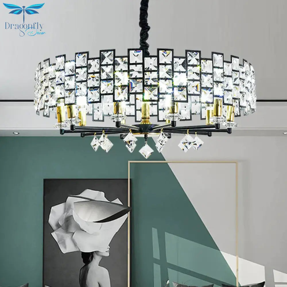 8/12 Heads Hanging Lamp Traditional Circular Crystal Embedded Chandelier Pendant Light In Black