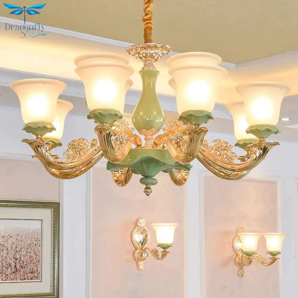 8/12 Lights Flared Shade Suspension Pendant Traditional Style Green Opal Glass Chandelier Lighting