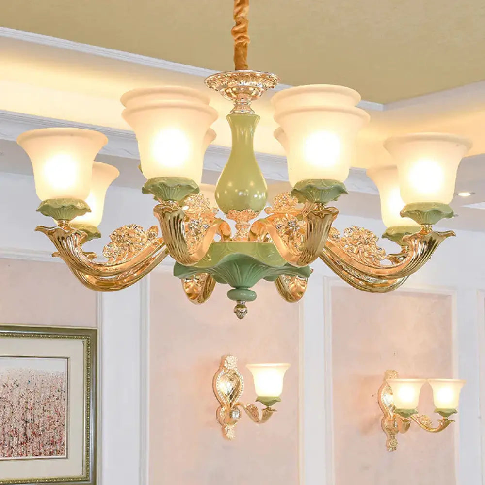 8/12 Lights Flared Shade Suspension Pendant Traditional Style Green Opal Glass Chandelier Lighting