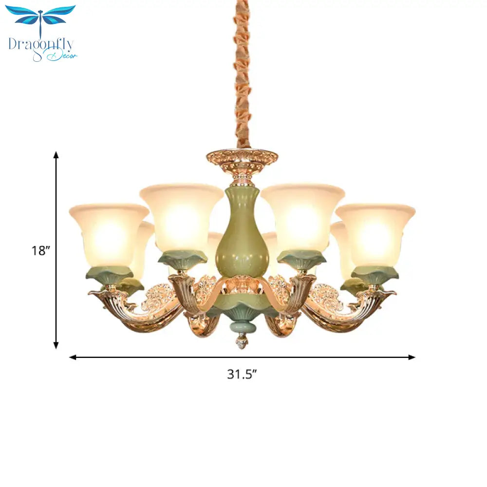 8/12 Lights Flared Shade Suspension Pendant Traditional Style Green Opal Glass Chandelier Lighting