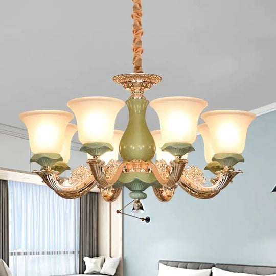 8/12 Lights Flared Shade Suspension Pendant Traditional Style Green Opal Glass Chandelier Lighting