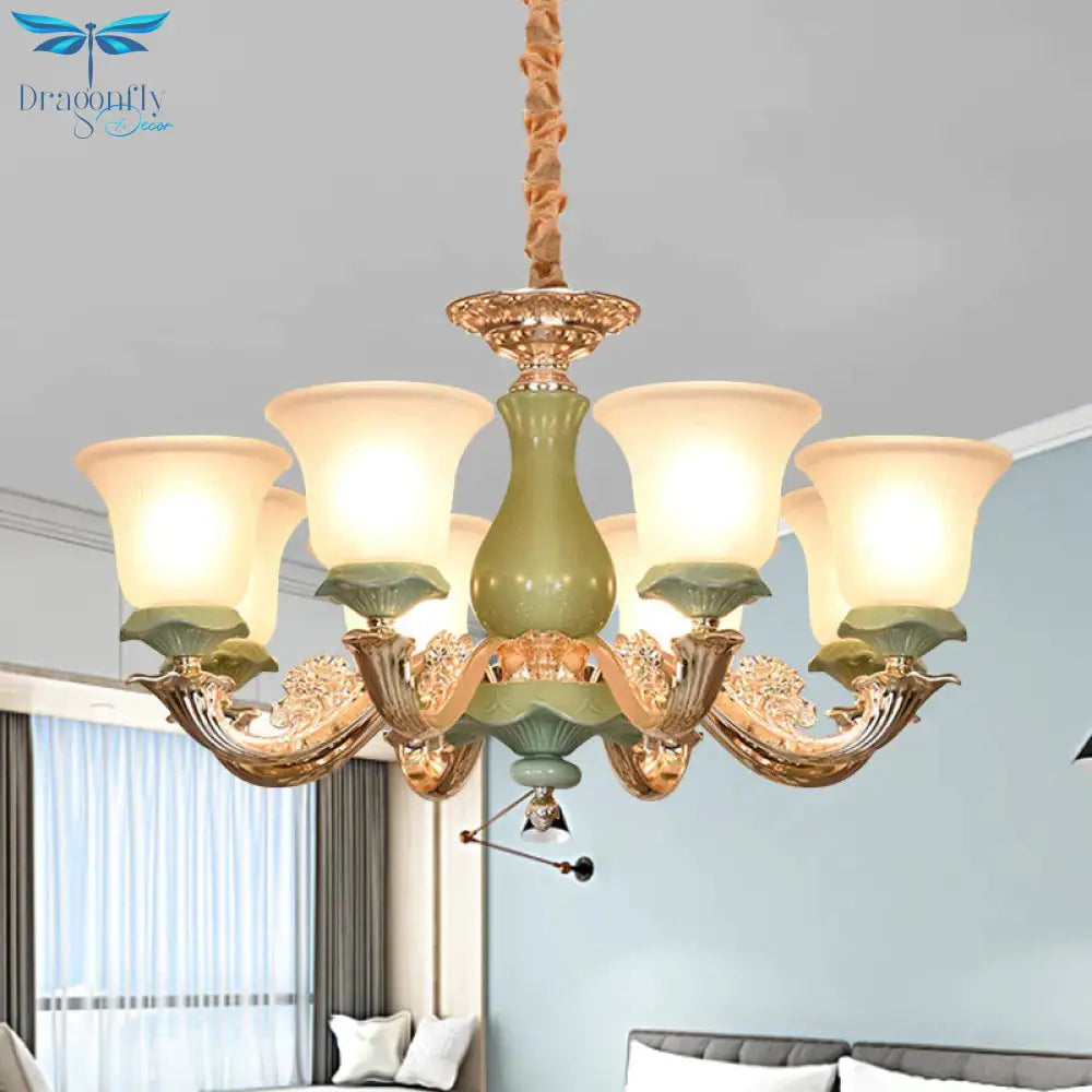 8/12 Lights Flared Shade Suspension Pendant Traditional Style Green Opal Glass Chandelier Lighting