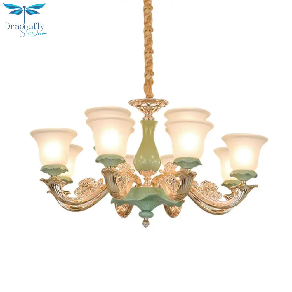 8/12 Lights Flared Shade Suspension Pendant Traditional Style Green Opal Glass Chandelier Lighting