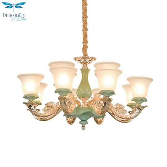 8/12 Lights Flared Shade Suspension Pendant Traditional Style Green Opal Glass Chandelier Lighting