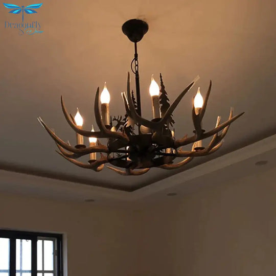 8 - Bulb Resin Chandelier Lighting Rustic Light Brown Deer Antler Indoor Suspension With Pine Tree