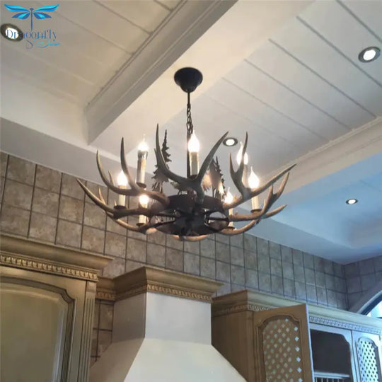 8 - Bulb Resin Chandelier Lighting Rustic Light Brown Deer Antler Indoor Suspension With Pine Tree