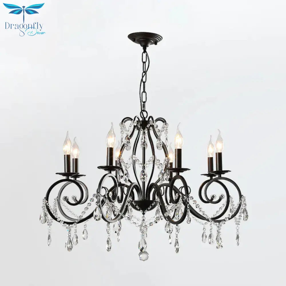 8 - Bulb Scrolled Arm Chandelier Black Metal Ceiling Pendant Light With Crystal Draping