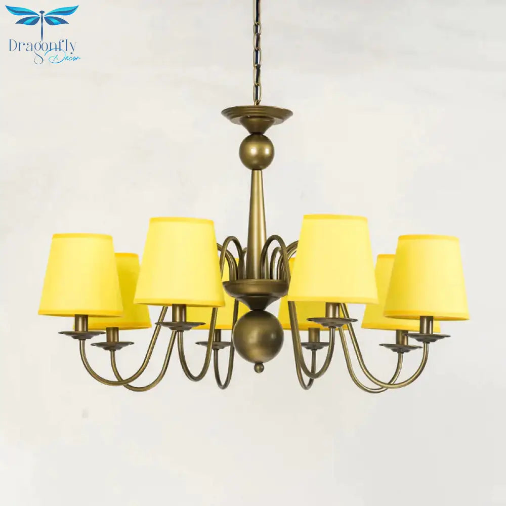 8 - Bulb Tapered Chandelier Light Fixture Country Coffee/Yellow/Dark Green Fabric Down Lighting