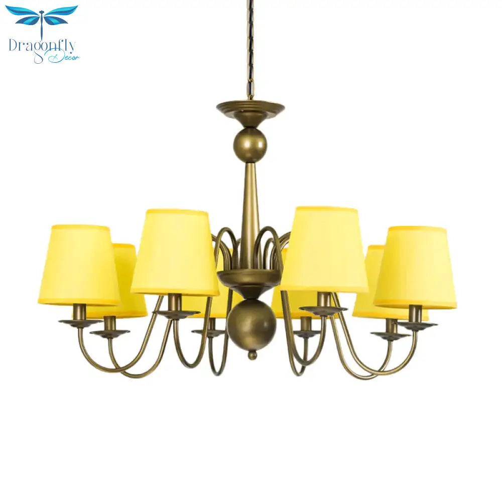 8 - Bulb Tapered Chandelier Light Fixture Country Coffee/Yellow/Dark Green Fabric Down Lighting