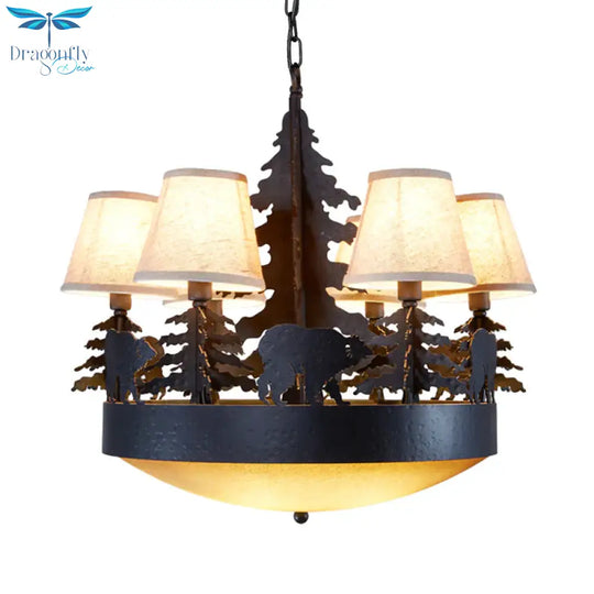8 Bulbs Bowl Chandelier Light Country Black Opal Glass Hanging Ceiling Fixture With Cone Fabric