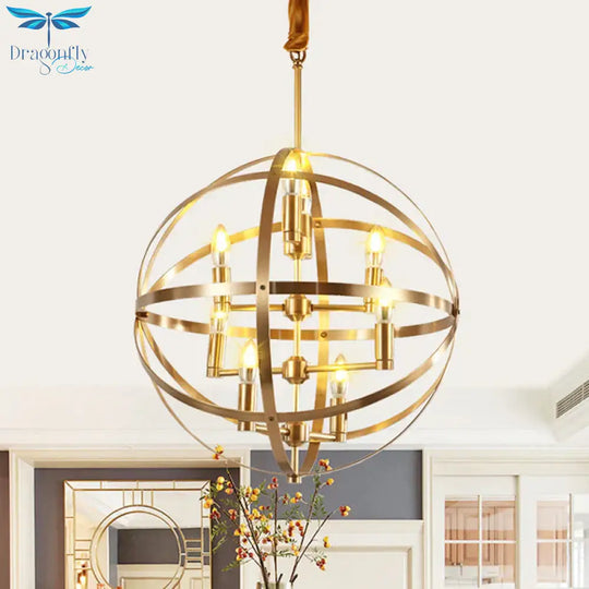 8 Bulbs Chandelier Lamp Traditional Candelabra Metallic Hanging Ceiling Light In Gold With Globe