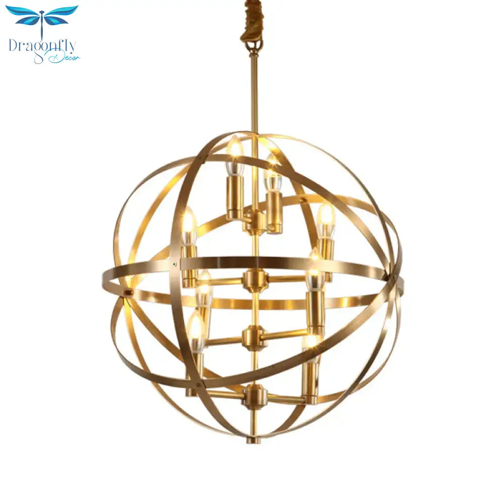 8 Bulbs Chandelier Lamp Traditional Candelabra Metallic Hanging Ceiling Light In Gold With Globe