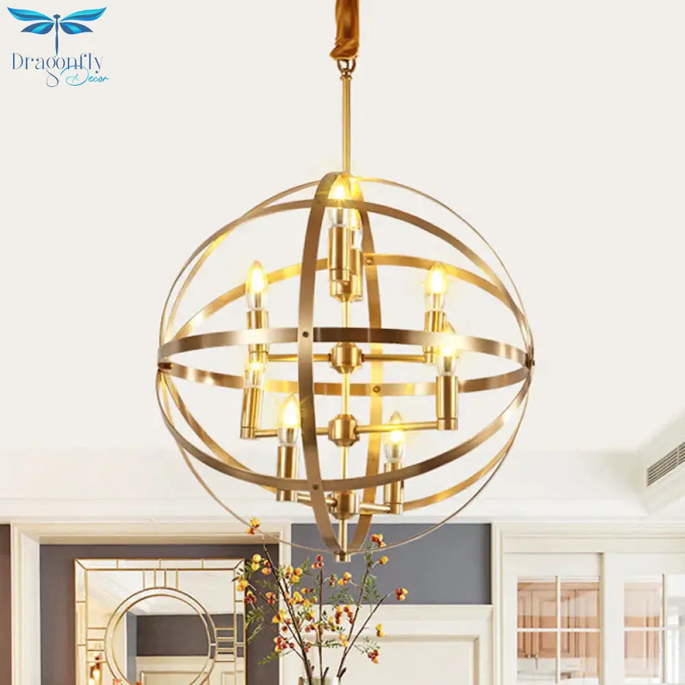 8 Bulbs Chandelier Lamp Traditional Candelabra Metallic Hanging Ceiling Light In Gold With Globe