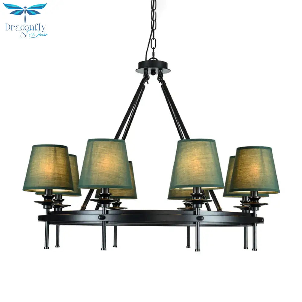 8 Bulbs Circle Pendant Lamp Retro Style Green Metal Ceiling Chandelier With Conic Fabric Shade