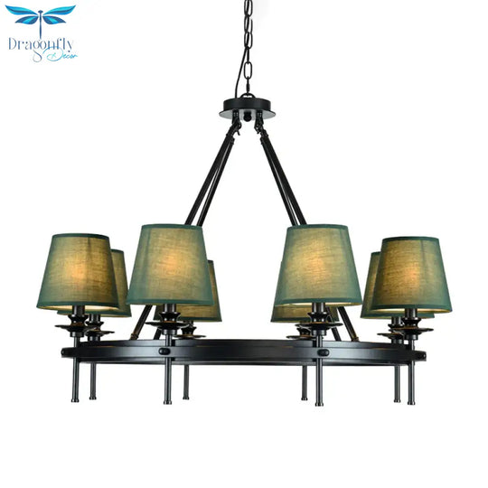 8 Bulbs Circle Pendant Lamp Retro Style Green Metal Ceiling Chandelier With Conic Fabric Shade