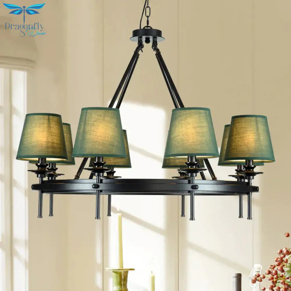 8 Bulbs Circle Pendant Lamp Retro Style Green Metal Ceiling Chandelier With Conic Fabric Shade