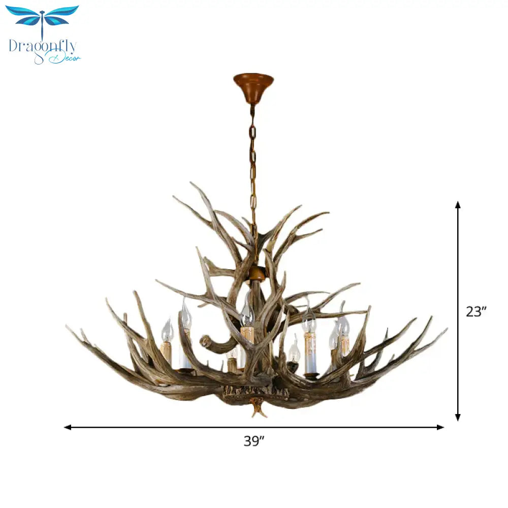 8 Bulbs Resin Pendant Lighting Rural Brown Faux Antler Living Room Chandelier With Candle Design