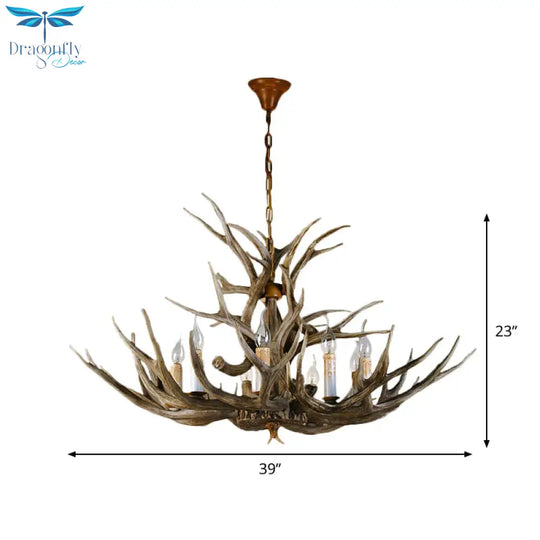 8 Bulbs Resin Pendant Lighting Rural Brown Faux Antler Living Room Chandelier With Candle Design