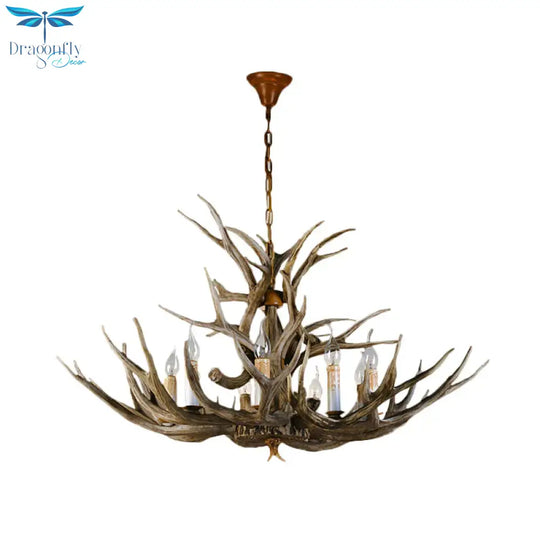 8 Bulbs Resin Pendant Lighting Rural Brown Faux Antler Living Room Chandelier With Candle Design