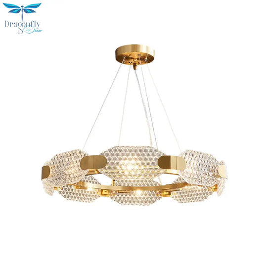 8 - Head Octagon Chandelier Light Colonialist Gold Clear Textured Glass Ceiling Lamp With Circular