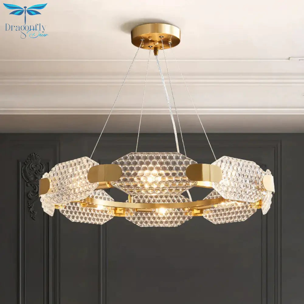 8 - Head Octagon Chandelier Light Colonialist Gold Clear Textured Glass Ceiling Lamp With Circular