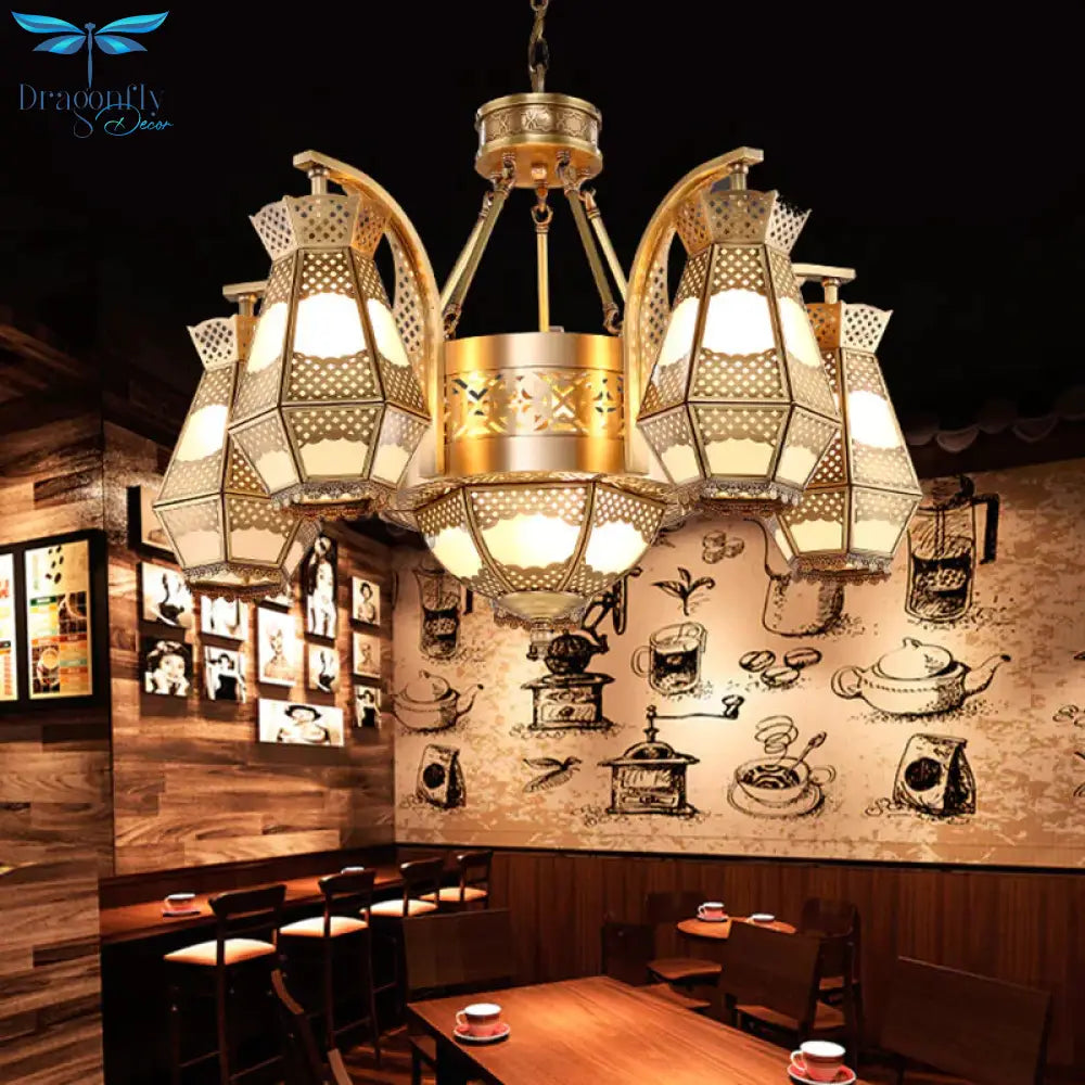 8 Heads Diamond Pendant Chandelier Arab Style Brass Opal Glass Hanging Light Fixture With Curved Arm