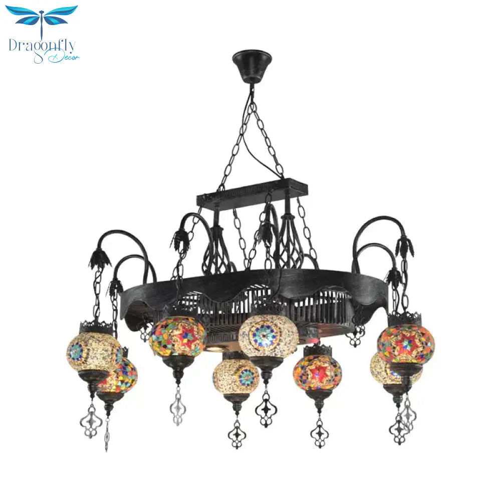 8 Heads Globe Hanging Lighting Bohemia Iron Stained Glass Chandelier Pendant Lamp For Restaurant