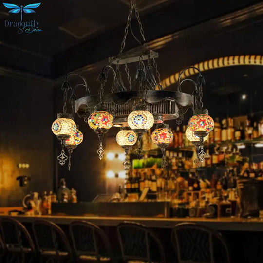 8 Heads Globe Hanging Lighting Bohemia Iron Stained Glass Chandelier Pendant Lamp For Restaurant