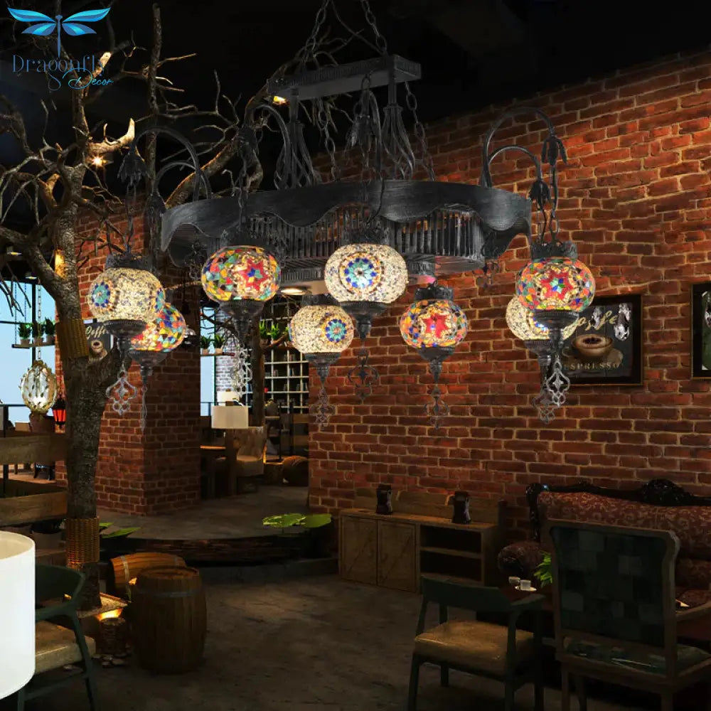 8 Heads Globe Hanging Lighting Bohemia Iron Stained Glass Chandelier Pendant Lamp For Restaurant