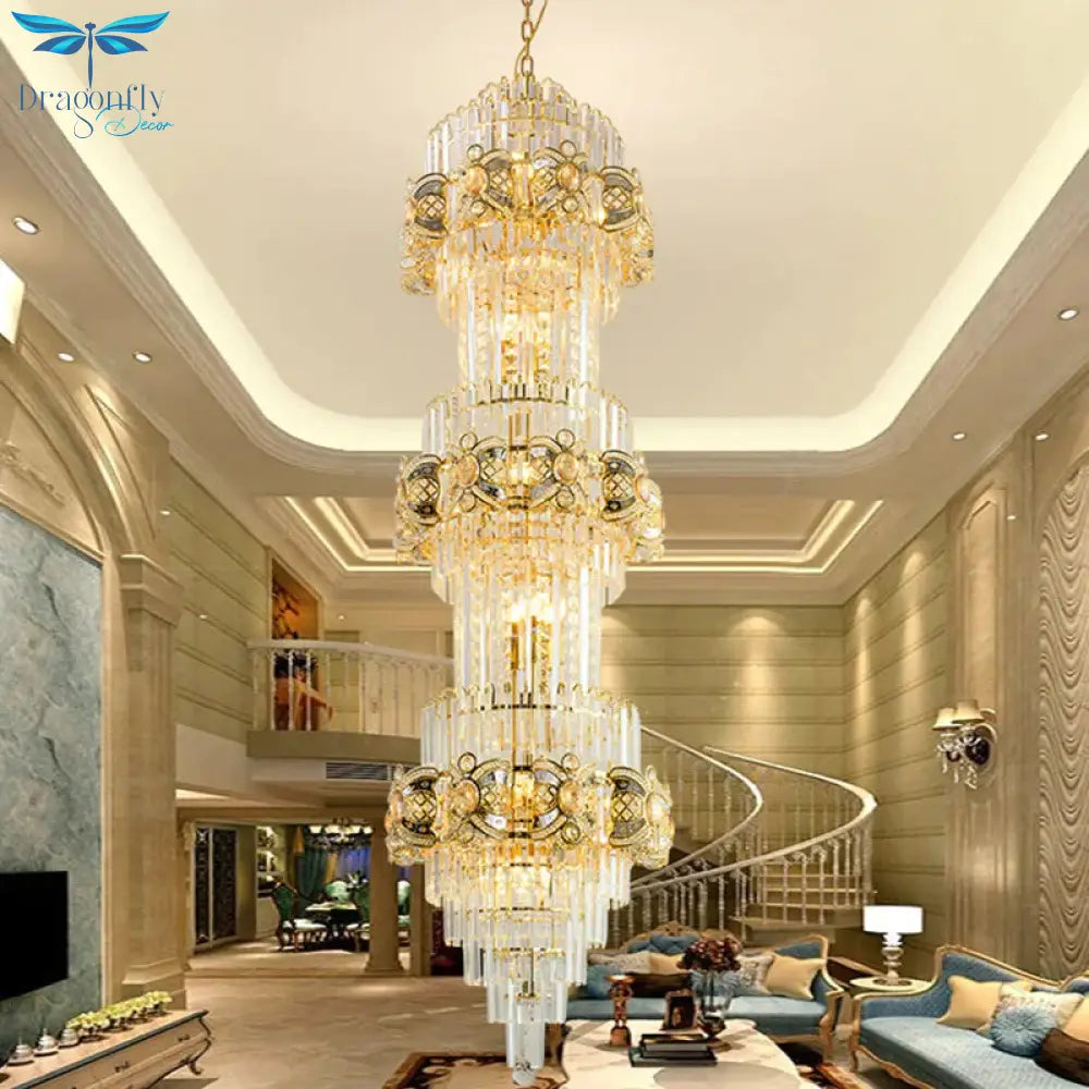 8 - Light Fluted Clear Glass Rods Chandelier Retro Layered Guest Room Suspension Pendant Light